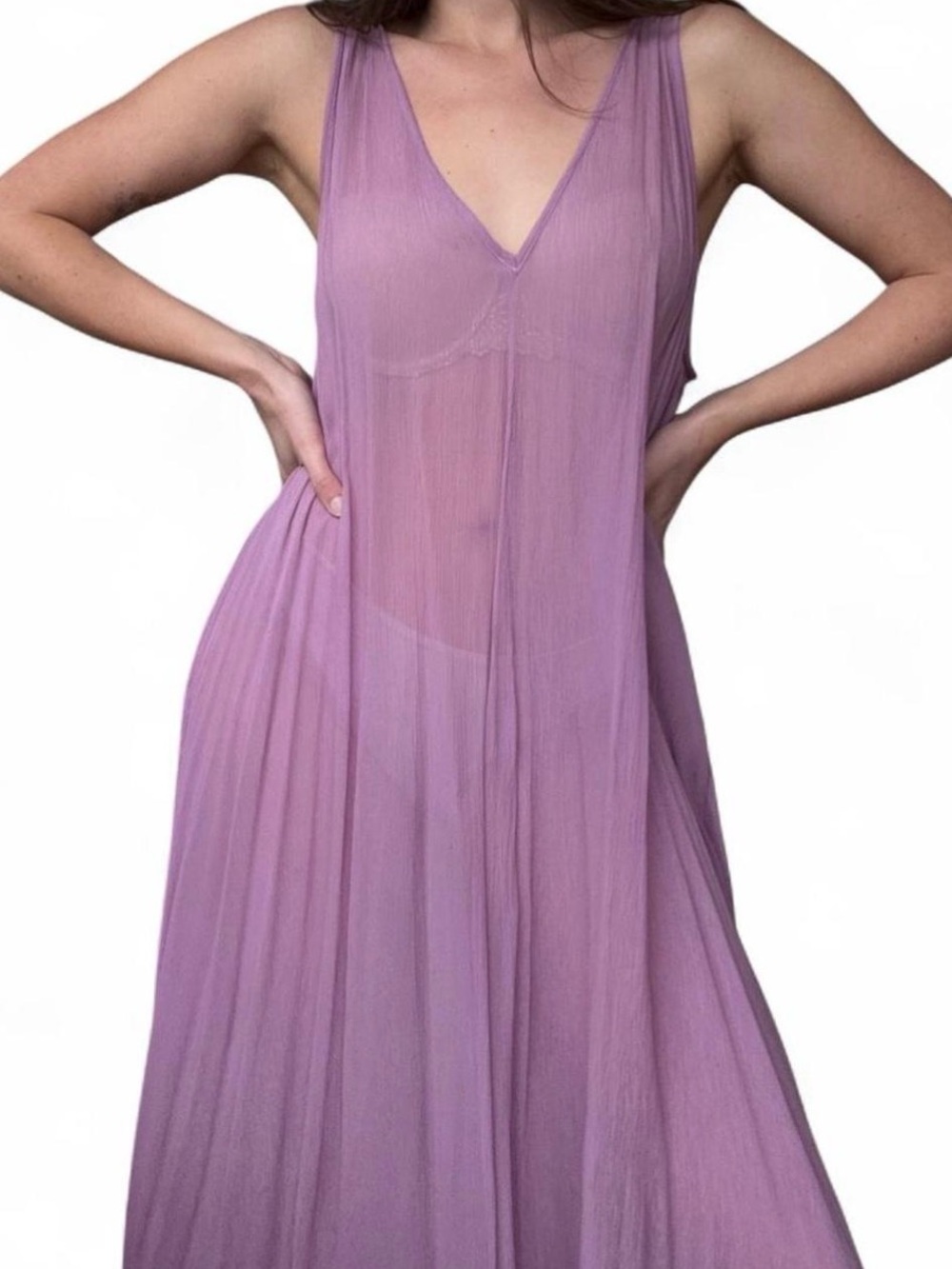 Sheer LACAUSA Lavender V-Neck Flowing Maxi Dress - Picture 3 of 5